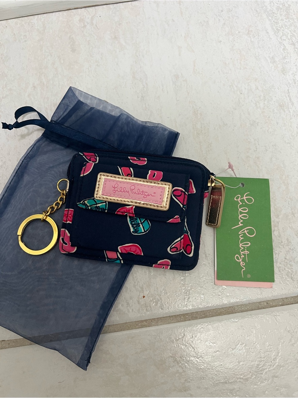 Lilly Pulitzer Navy with Pink & Teal Cherry Print Zip Cardholder Keyring
